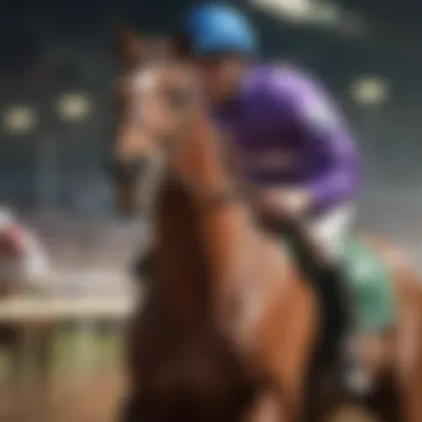 A close-up of a racehorse in motion, highlighting its power and speed during a race.