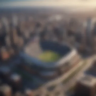 Aerial view of New York City skyline with sports venues